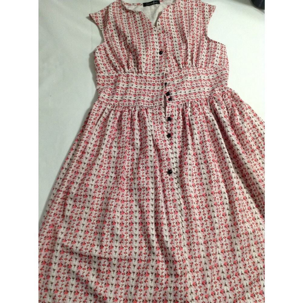 Sucrefas Pink Floral Rose Stripe Dress Large L Cap Sleeve Cottagecore Fit Flare - Picture 2 of 10